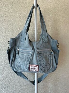 True Religion Horseshoe stitch blue jean denim satchel bag